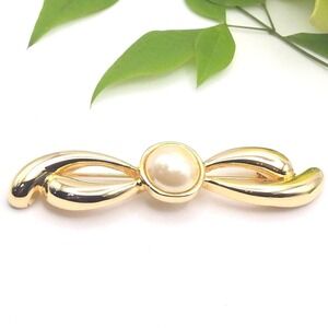 Vintage Signed Paquette Goldtone 1960s Brooch Bow with Faux Pearl Cabochon